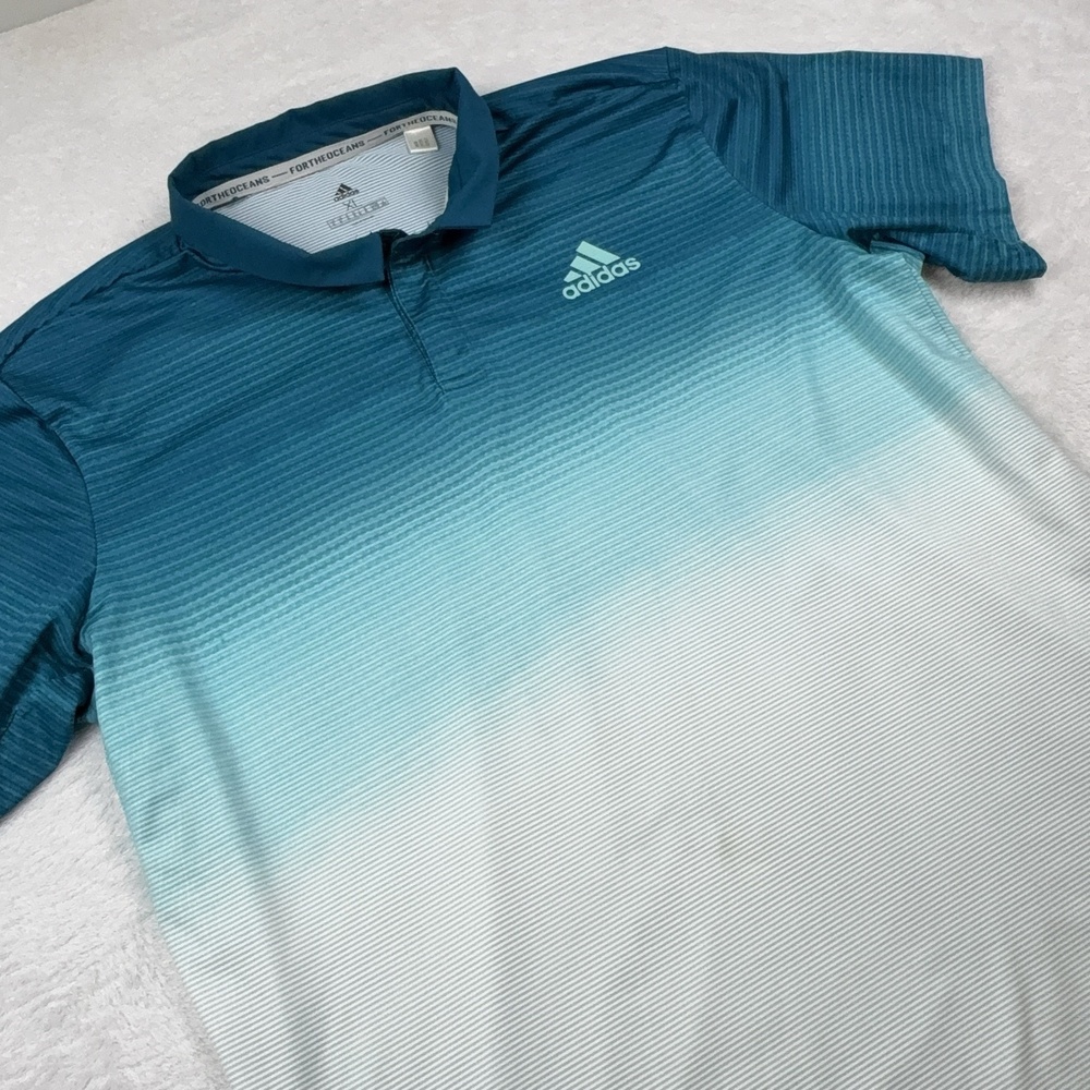 Adidas Polo Shirt Mens XL Blue FOR THE OCEANS Striped Golf Performance Logo